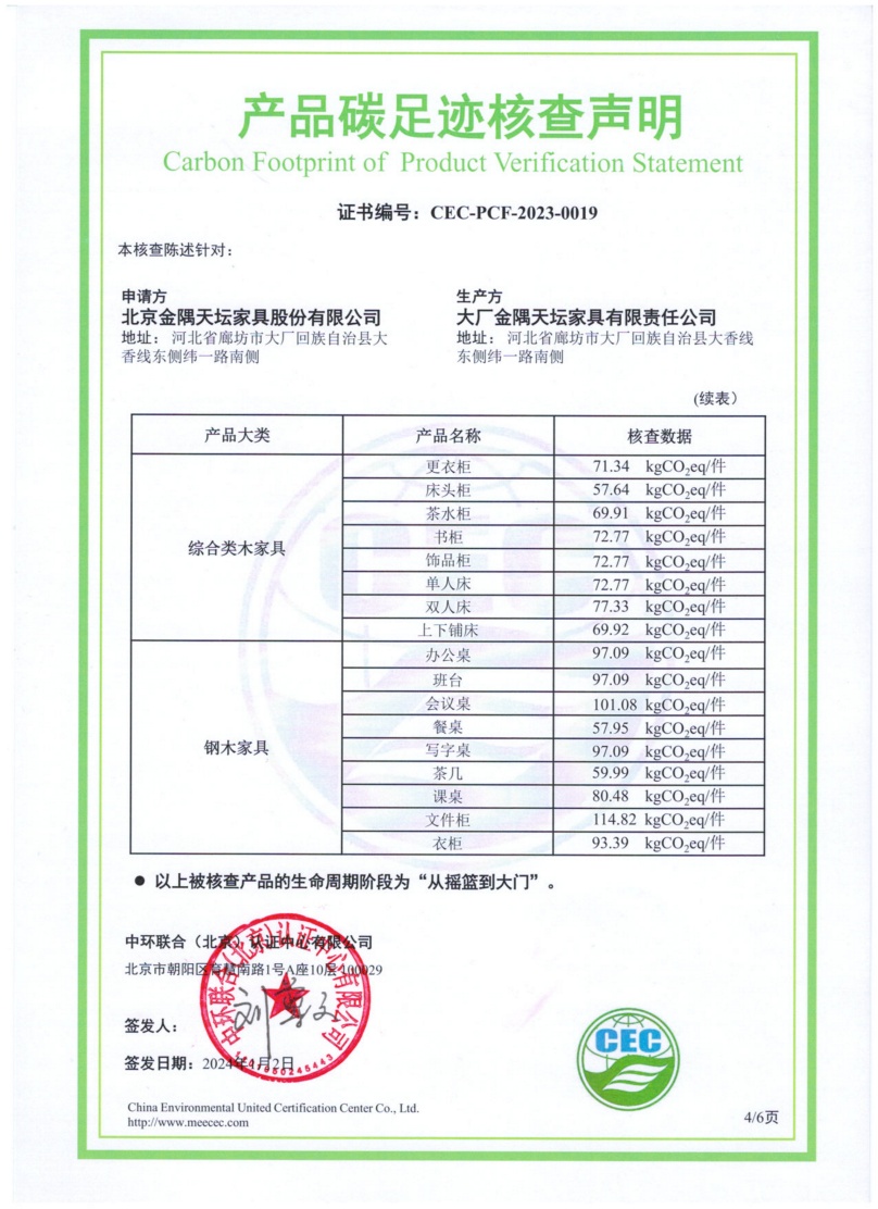 大廠金隅天壇家具有限責任公司-CEC-PCF-2023-0019